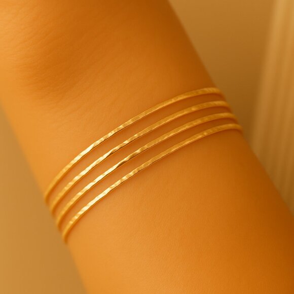 14k Gold Hammered Thin Skinny Bangle Bracelet – Solid Gold Texture, Minimalist - Picture 1 of 5